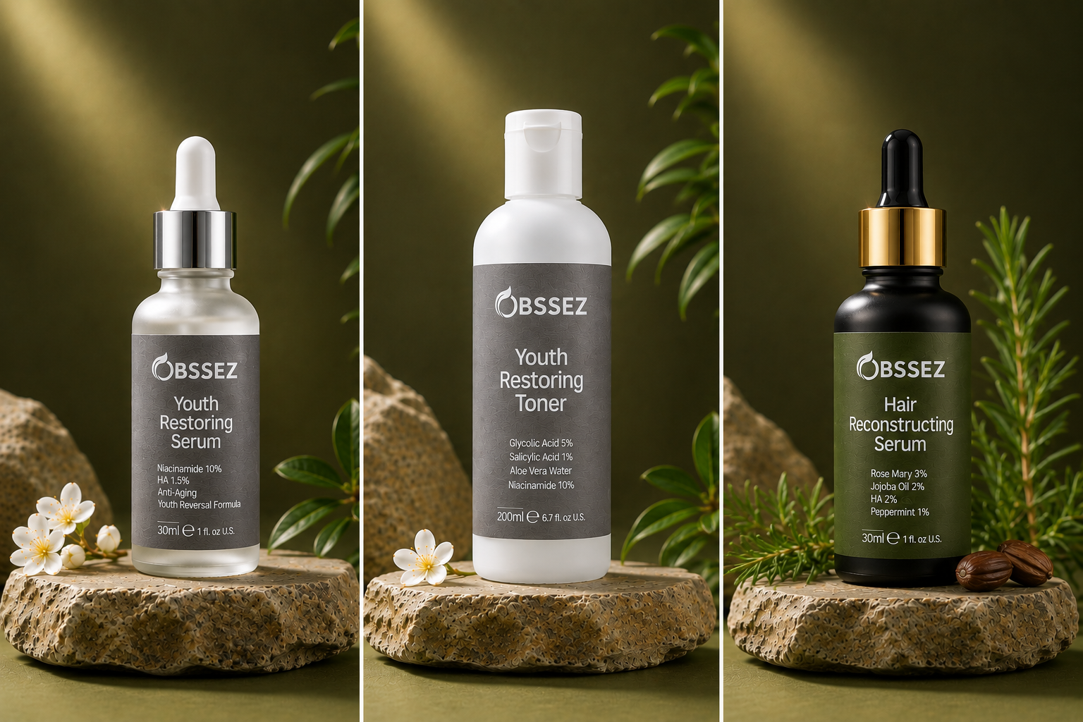 OBSSEZ Complete Care Trio — face serum, face toner and hair serum